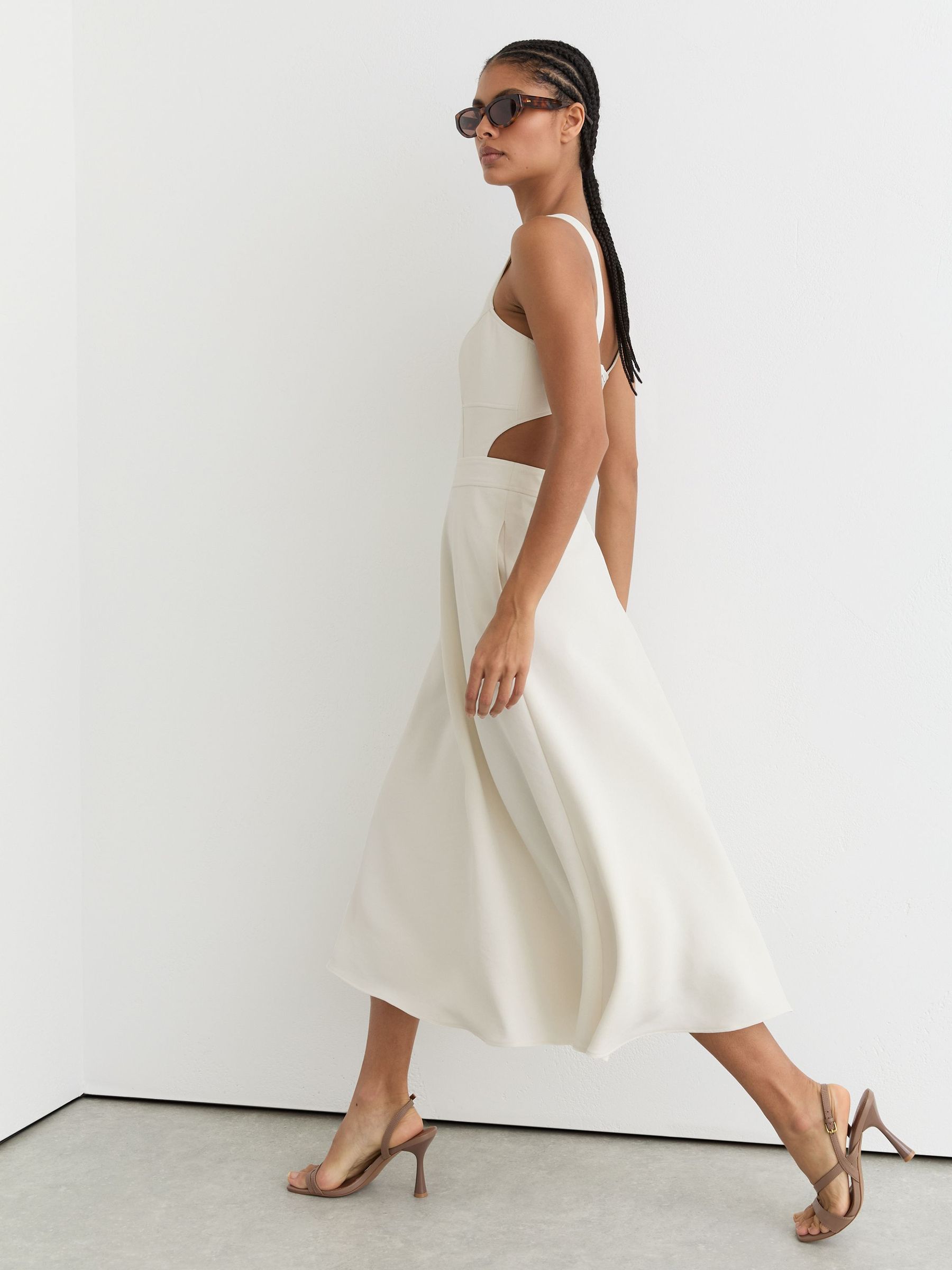 Waisted Cut-Out Twill Midi Dress in Ivory (Y98556) | £240