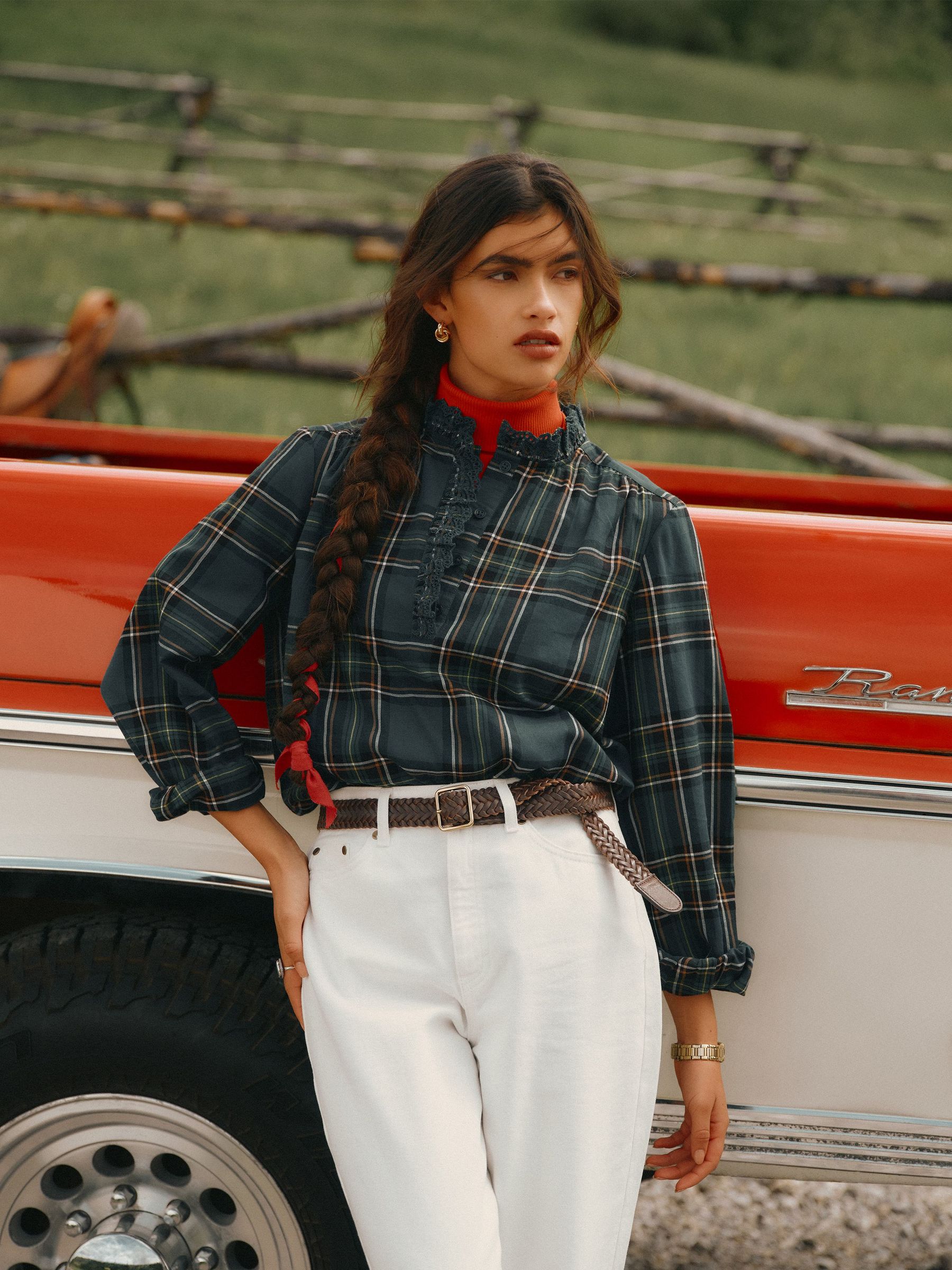 Green Check - Brushed Frill Neck Blouse