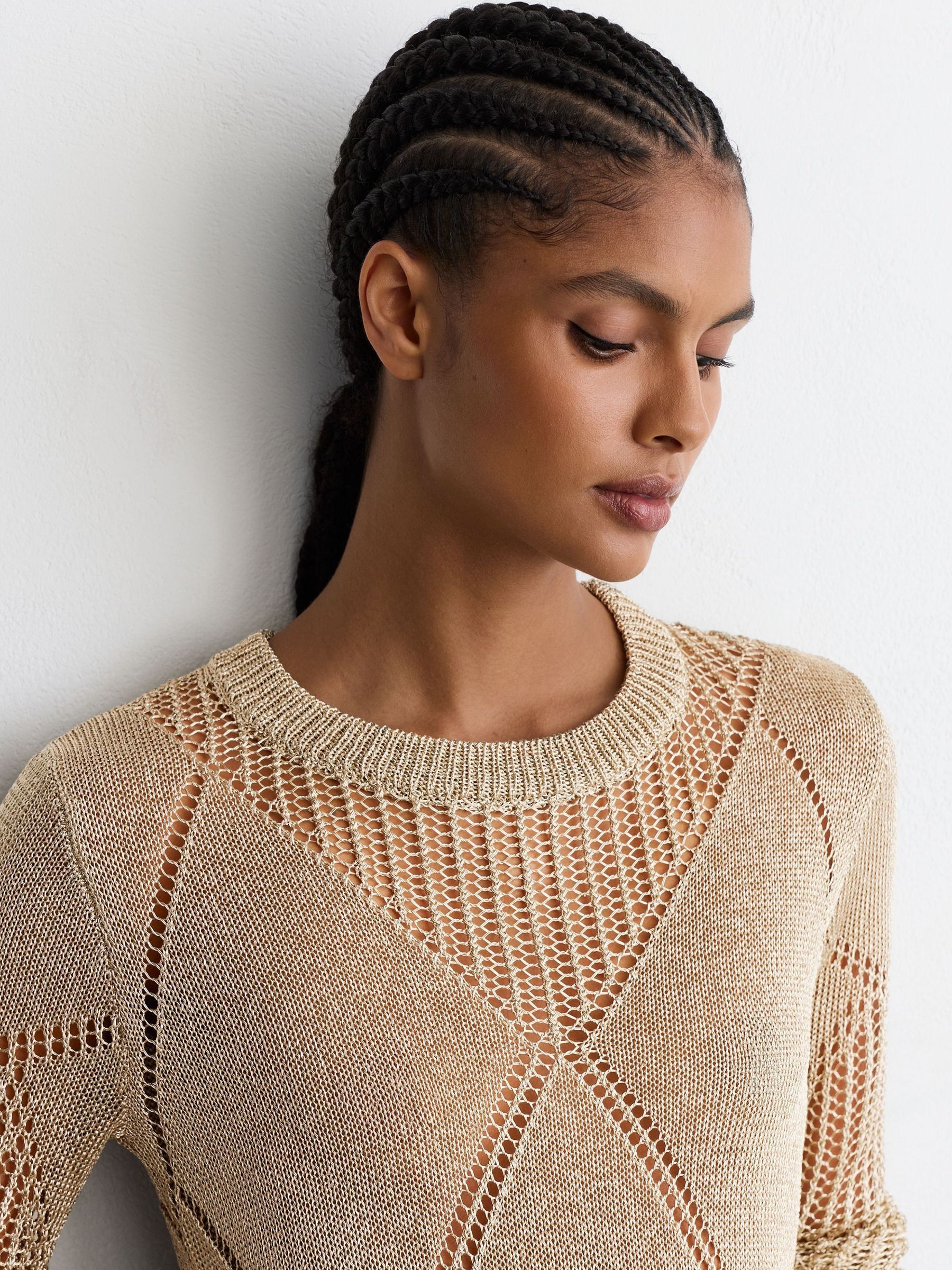 Gold - Metallic Argyle Open-knit Long-sleeve Jumper