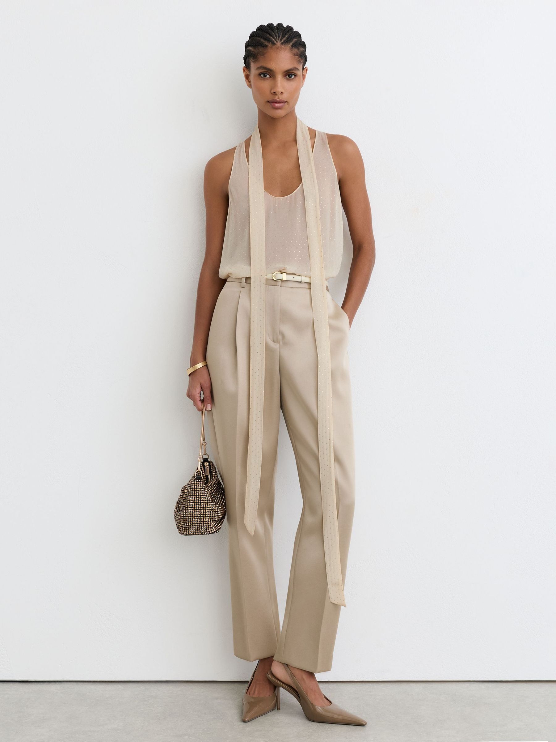Champagner/Neutral - Sheer Crystal-detail Scarf-neck Vest