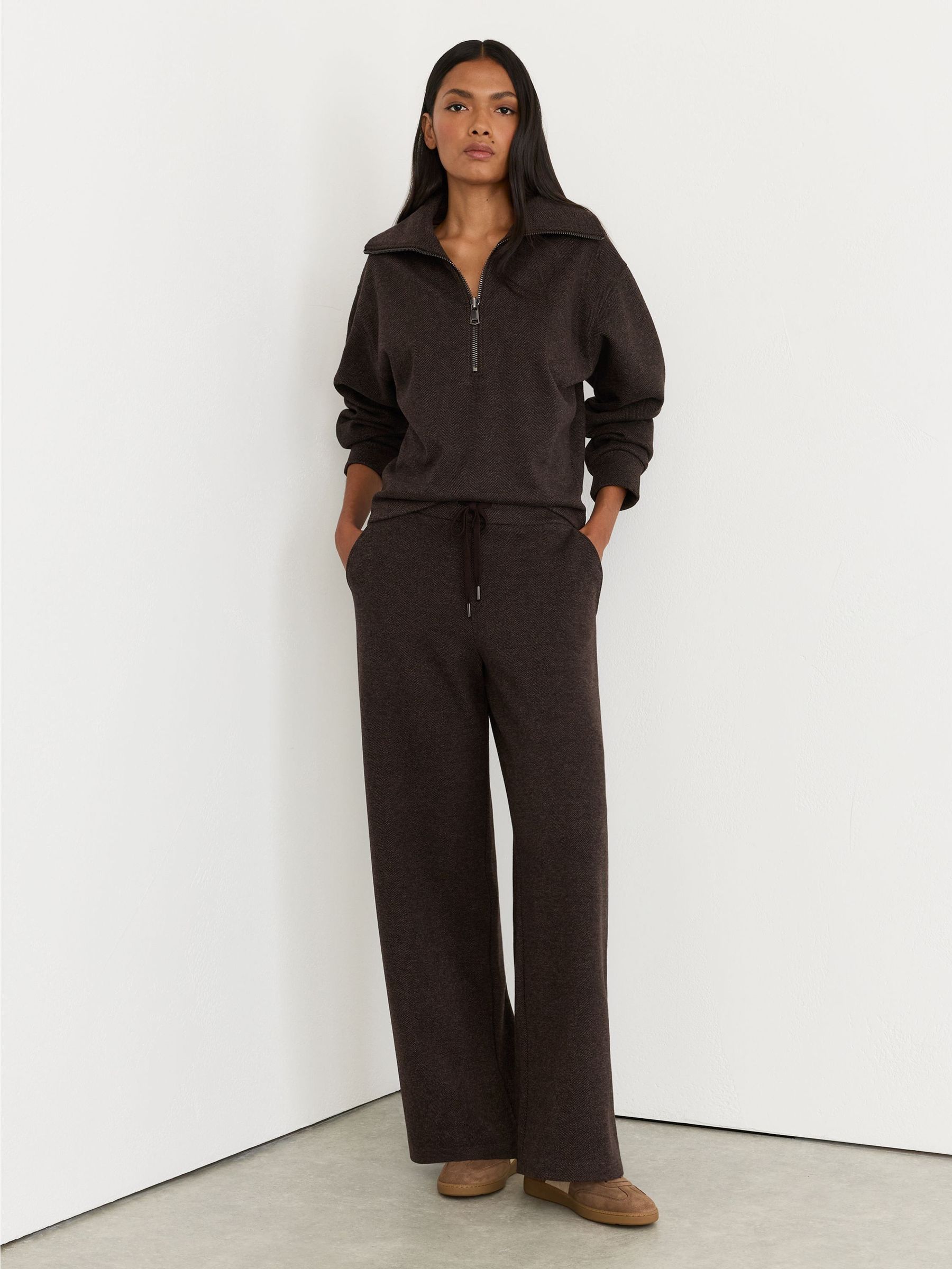 Dark Brown - Herringbone Wide-leg Drawstring Joggers