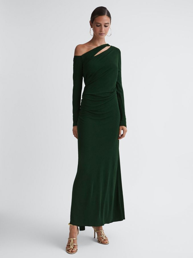 Off-The-Shoulder Cut-Out Maxi Dress in Green (130440) | US$153