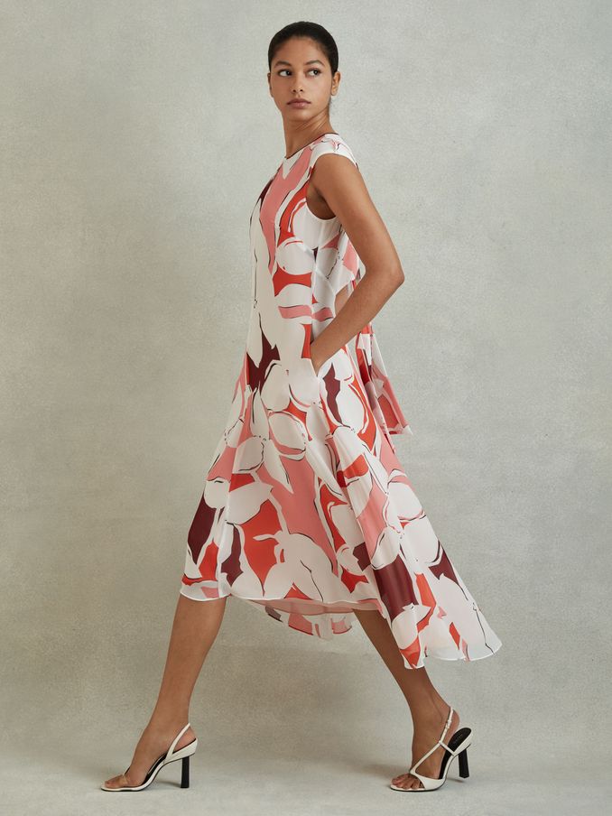 Printed Open Back Midi Dress in Red (140570) | €71