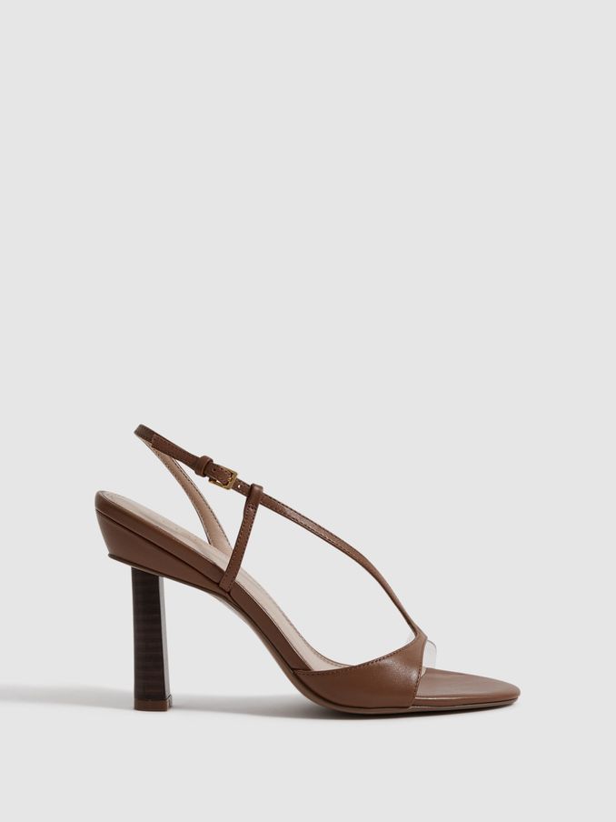 Leather Clear Strap Block Heels in Tan (140576) | US$208