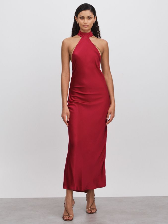 Radhika Deep Red Savannah Morrow Peace Silk Chain Detail Maxi Dress (140617) | US$390