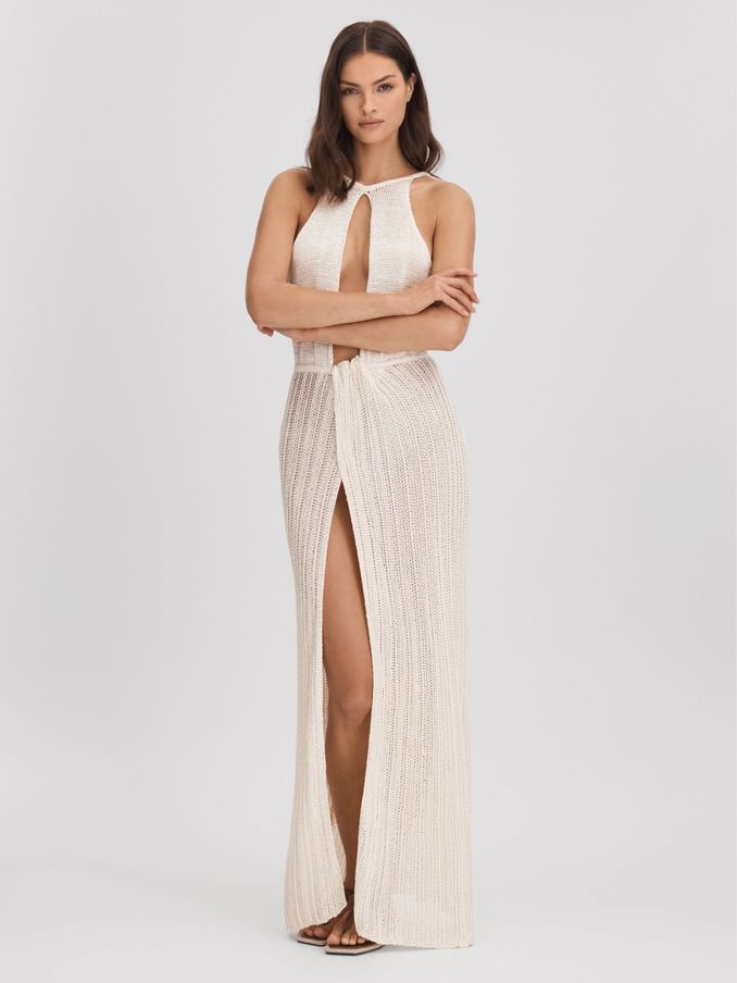 Savannah Morrow Ivory Sheer Knitted Maxi Dress in Ivory (140619) | AED1,178