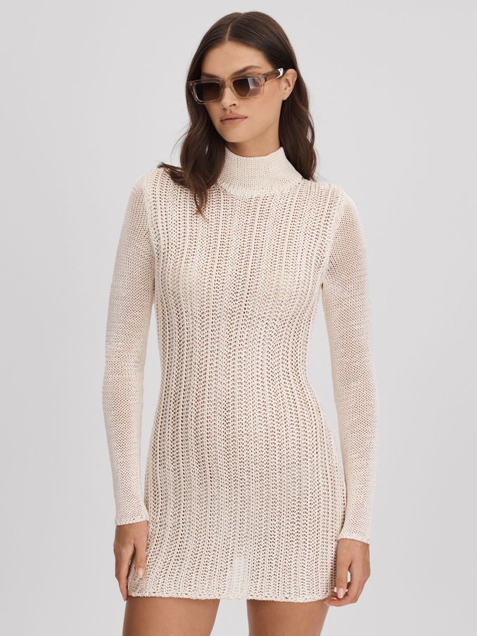 Savannah Morrow Mini Ivory Sheer Knitted Dress in Ivory (140834) | AED898