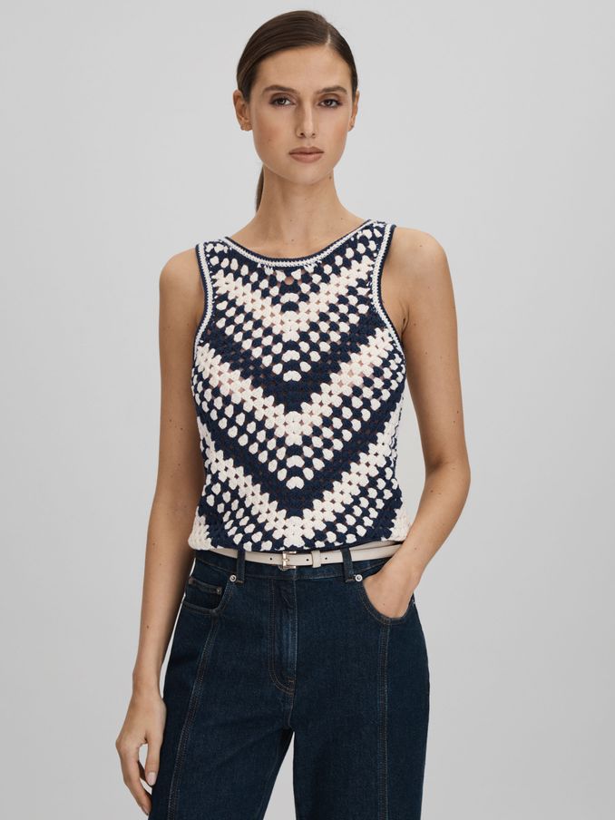 Crochet Crew Neck Vest in Navy/Ivory (140954) | €96