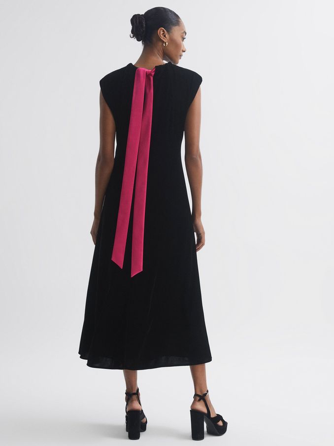 Florere Velvet Tie Neck Midi Dress in Black (156379) | US$114
