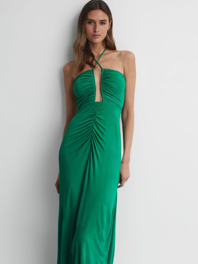 Plunge Halter Neck Maxi Dress in Green (158449) | US$98