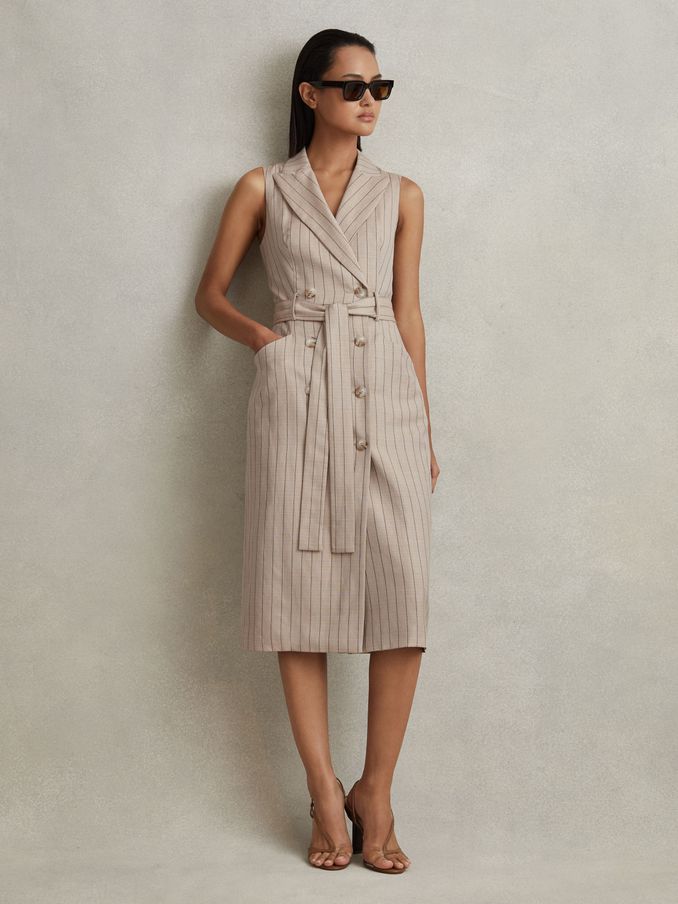 Wool Blend Striped Double Breasted Midi Dress in Neutral (158576) | €164