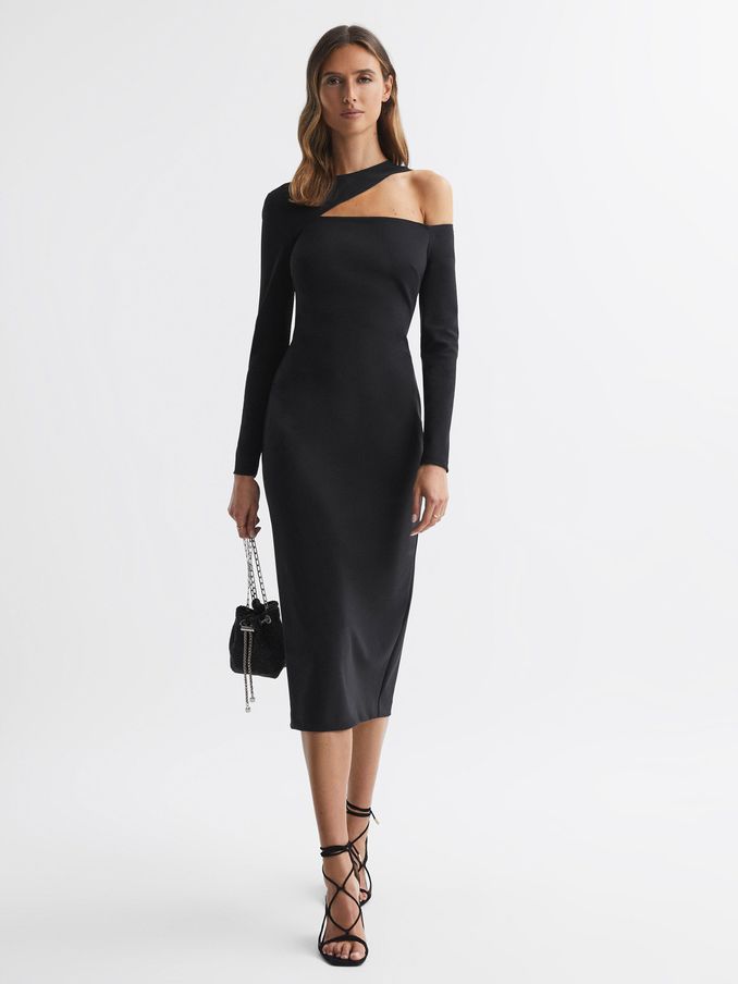 Bodycon Off-The-Shoulder Midi Dress in Black (160195) | US$157