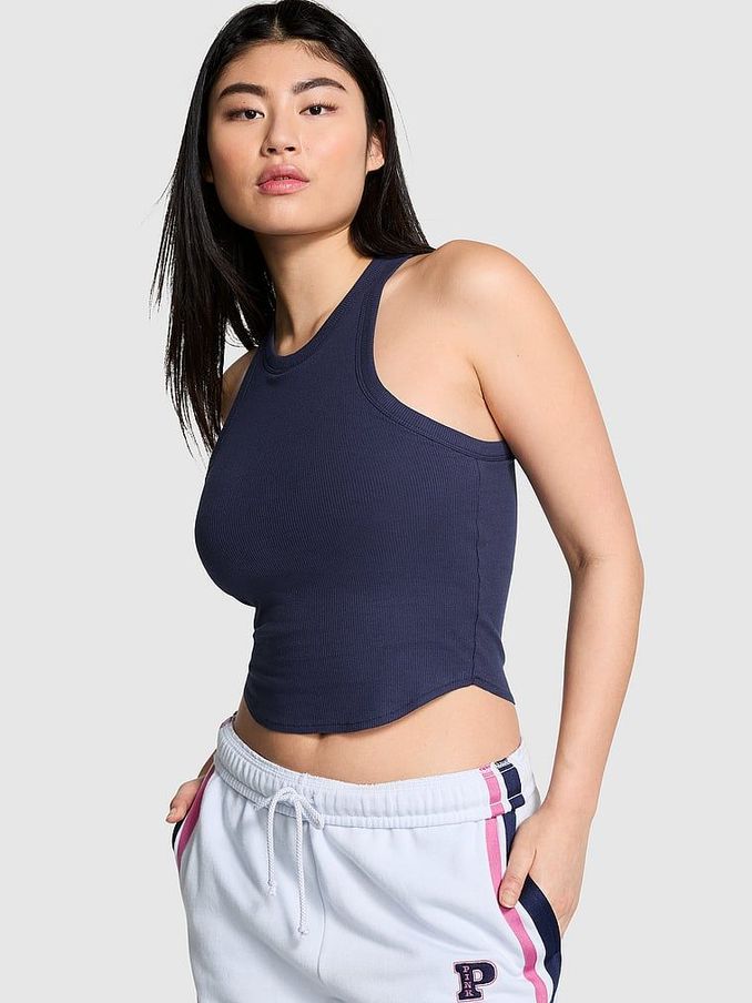 Midnight Navy Blue High Neck Shrunken Rib Tank Top (162657) | €22