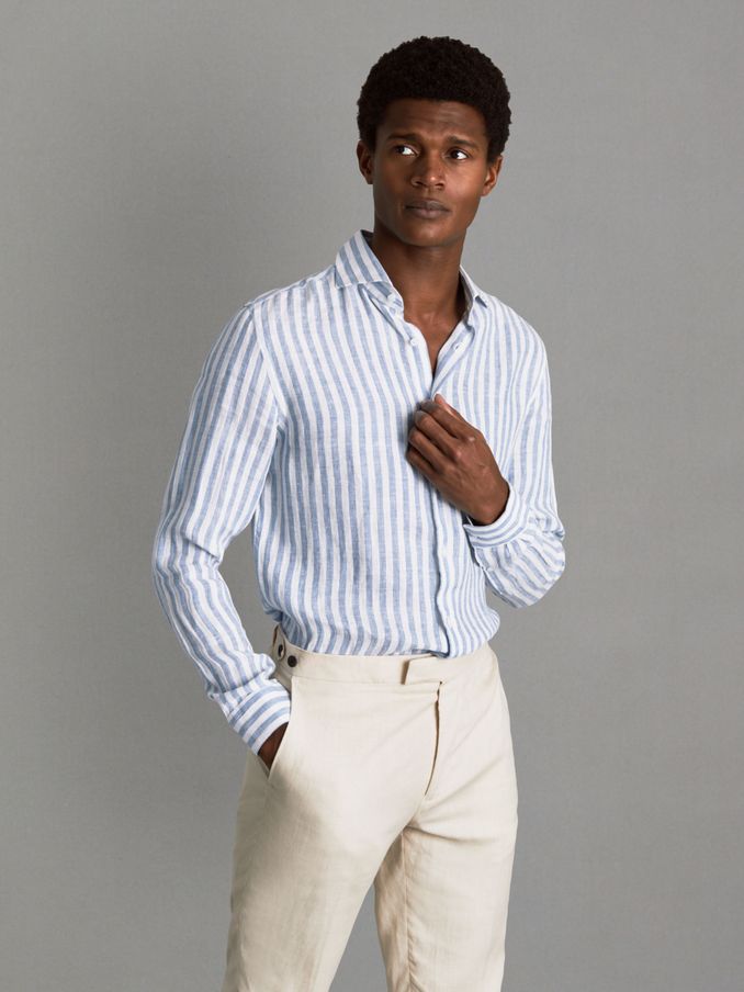 Linen Button-Through Shirt in Soft Blue Herringbone Stripe (166054) | US$94