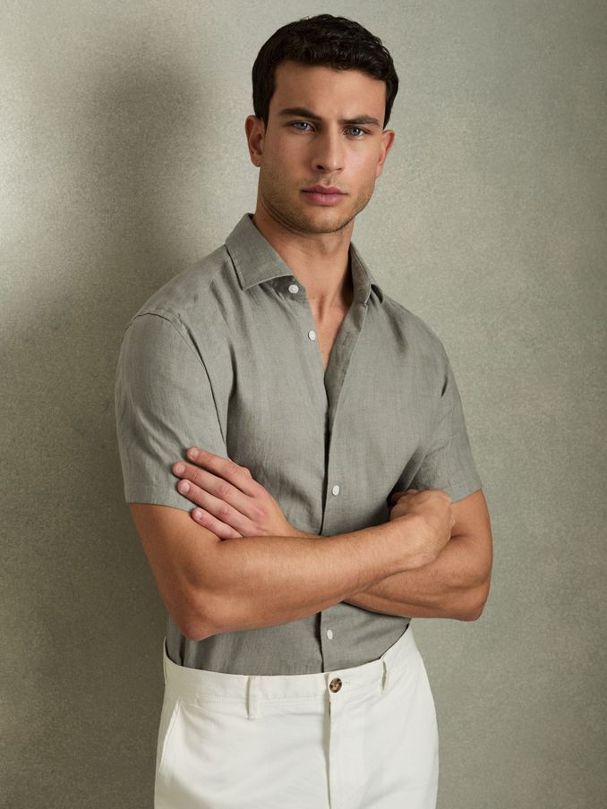 Slim Fit Linen Button-Through Shirt in Pistachio (166287) | US$87