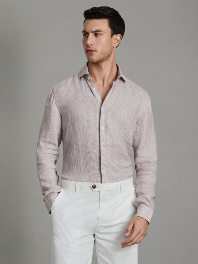 Linen Button-Through Shirt in Oatmeal Puppytooth (166372) | €65