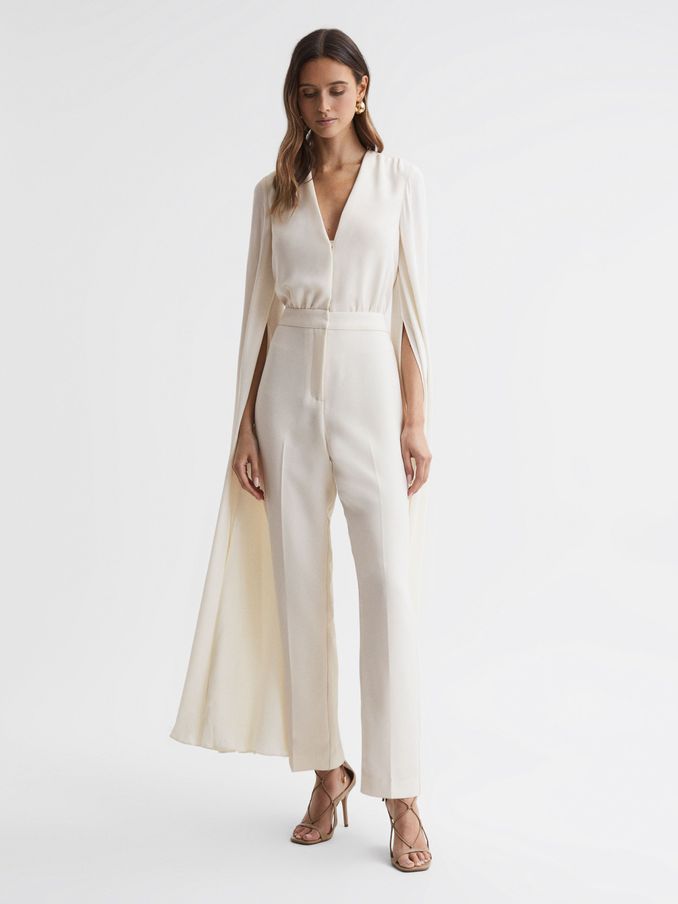 Cape Sleeve V-Neck Jumpsuit in Ivory (166711) | $200