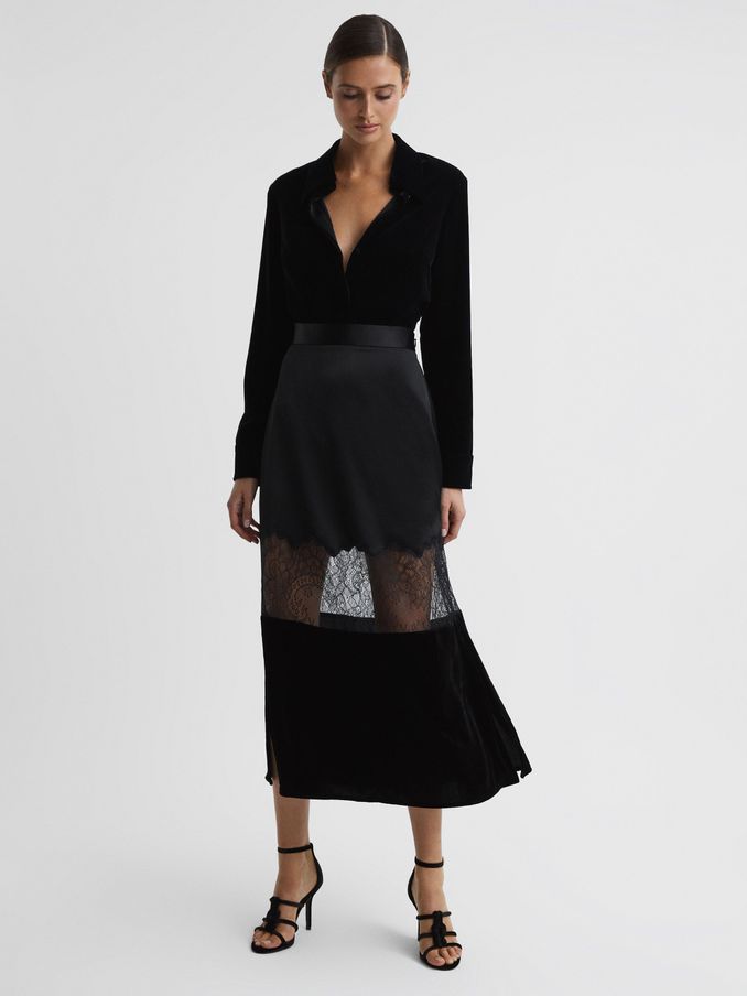 Fitted Satin-Velvet Midi Skirt in Black (167170) | US$98