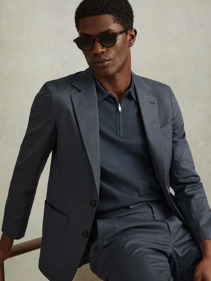 Slim Fit Cotton Blend Single Breasted Blazer in Airforce Blue (172459) | $510