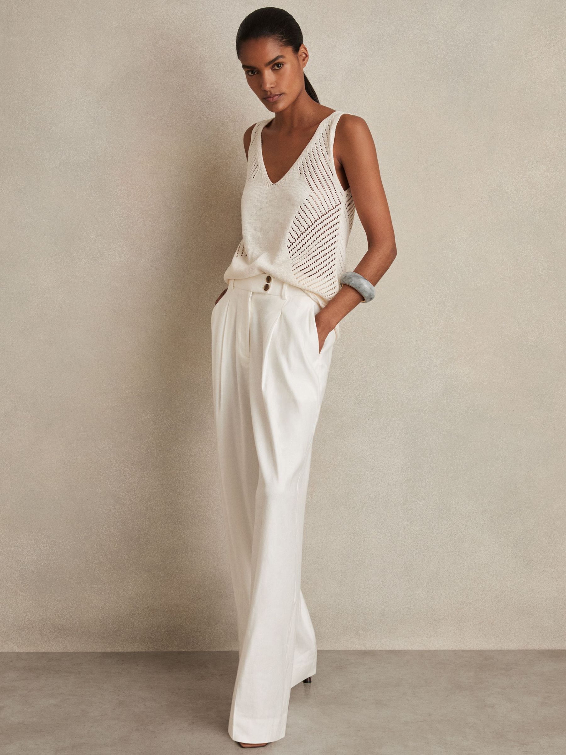 Linen-Blend Wide-Leg Trousers in White (172525) | US$190