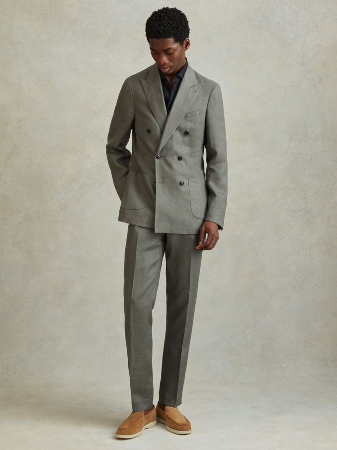 Halgas Dark Sage 100% Linen Side Adjuster Slim Fit Trousers (172534) | US$132