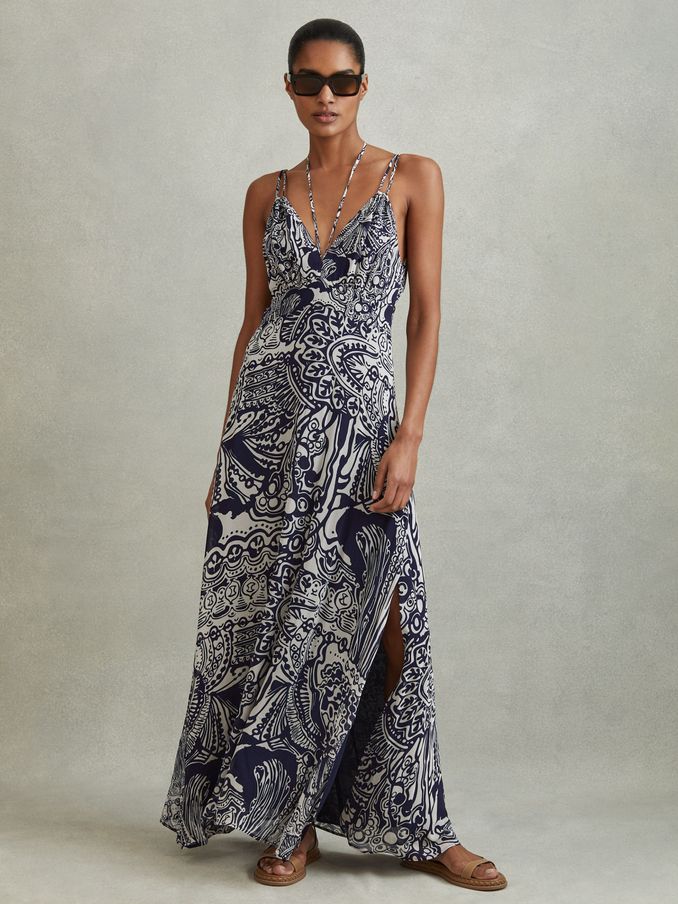 Printed Strappy Resort Midi Dress in Navy (172663) | €196