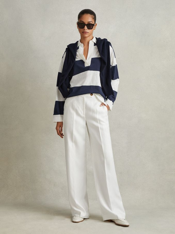 Striped Cotton Open-Collar Jumper in Navy/Ivory (172729) | US$78