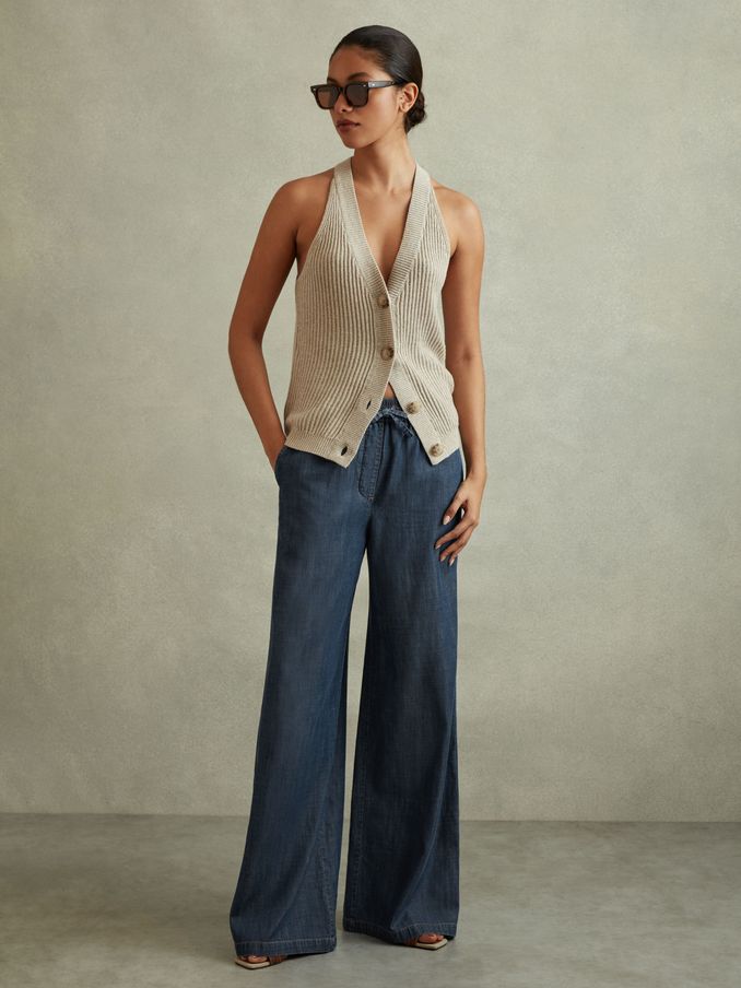 Denim Look Wide Leg Trousers in Mid Blue (172851) | $93
