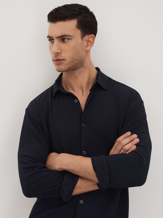 Textured Button-Through Shirt in Navy (172926) | US$95