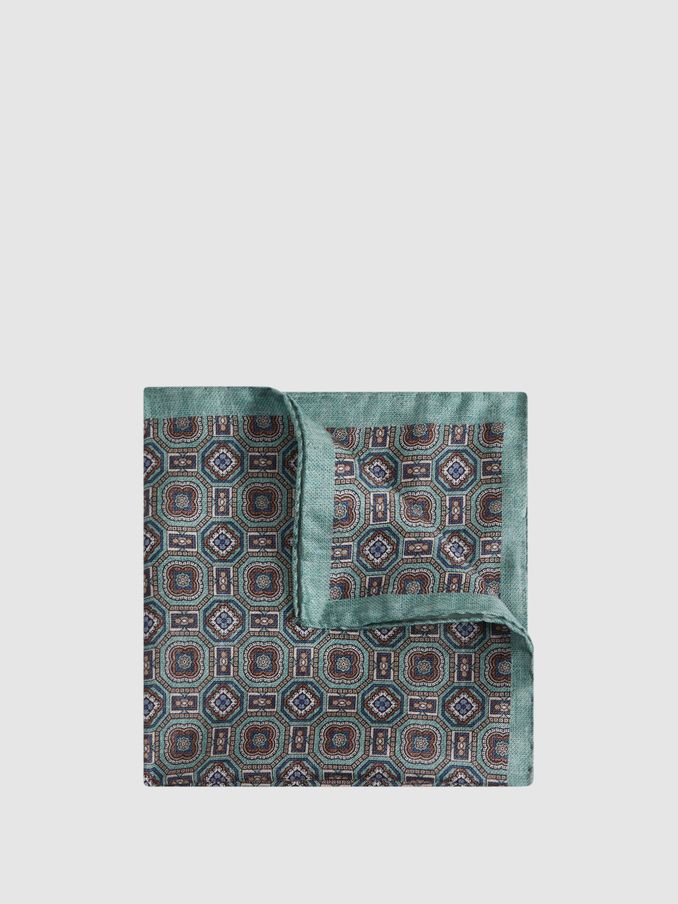 Silk Medallion Print Pocket Square in Sage (173202) | AED84