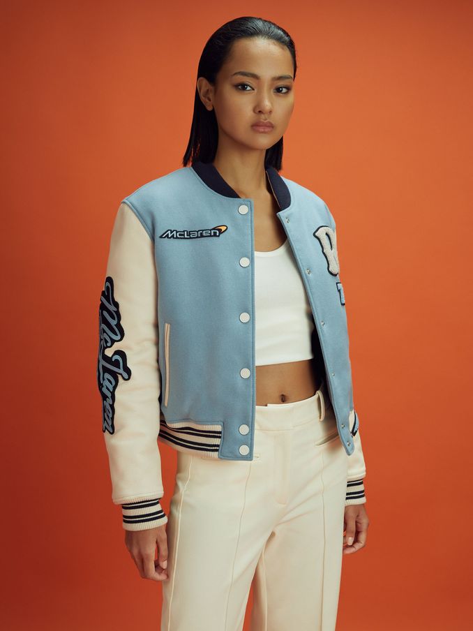 McLaren F1 Leather Varsity Jacket in Soft Blue/Ecru (181775) | €712