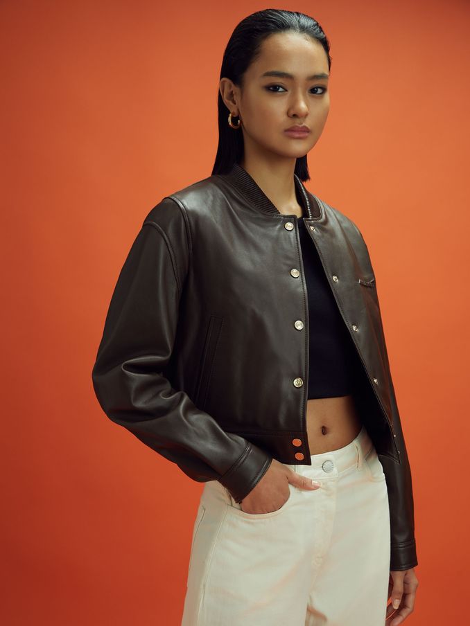 McLaren F1 Cropped Leather Bomber Jacket in Chocolate (181868) | €712