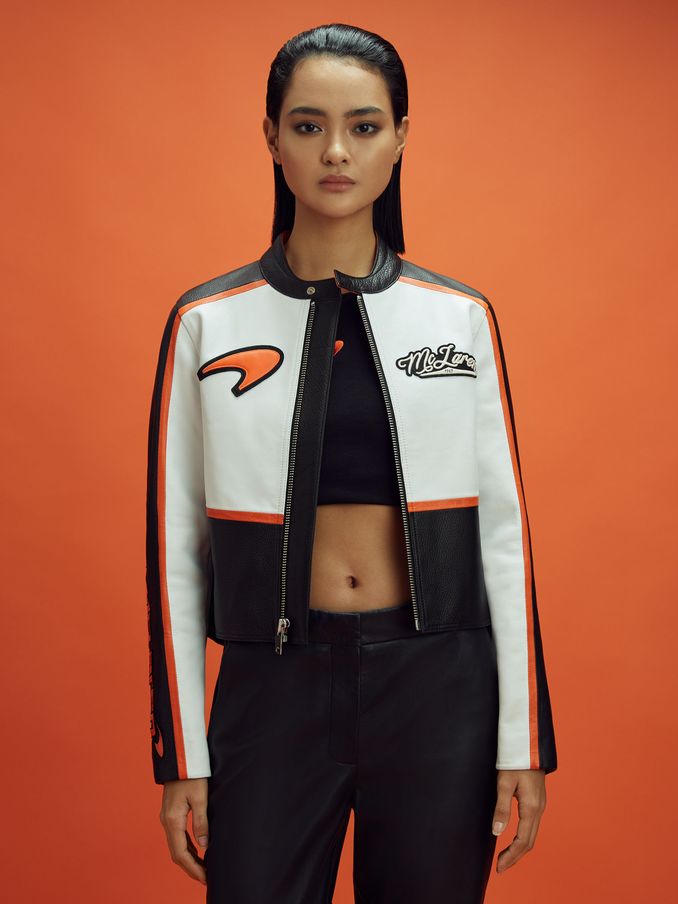 McLaren F1 Colourblock Leather Biker Jacket in Black/Papaya (181954) | US$990