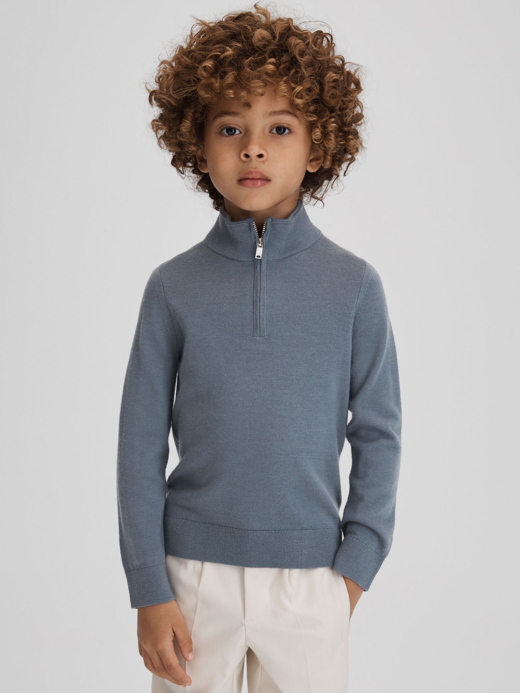 3-9 yrs Two Pack Of Merino Wool Zip-Neck Jumpers in Nickel Blue/Kale (182588) | US$57