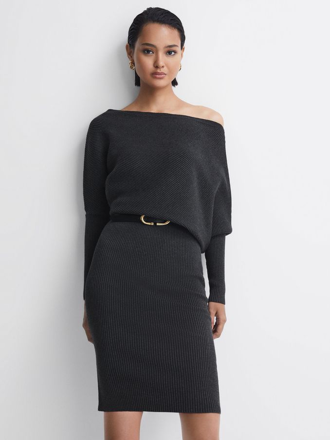 Off-The-Shoulder Ribbed Midi Dress in Charcoal (184545) | $84