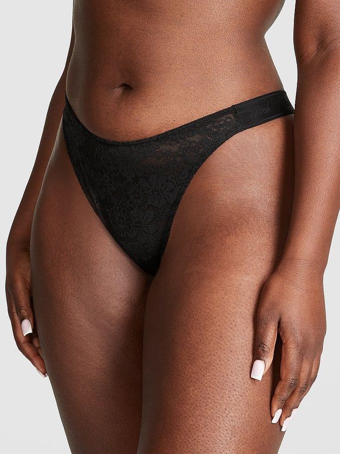 Pure Black Lace Logo Scoop Thong Knickers (189735) | €4