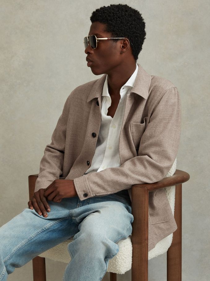 Wool Blend Button-Through Overshirt in Mocha (191249) | US$255