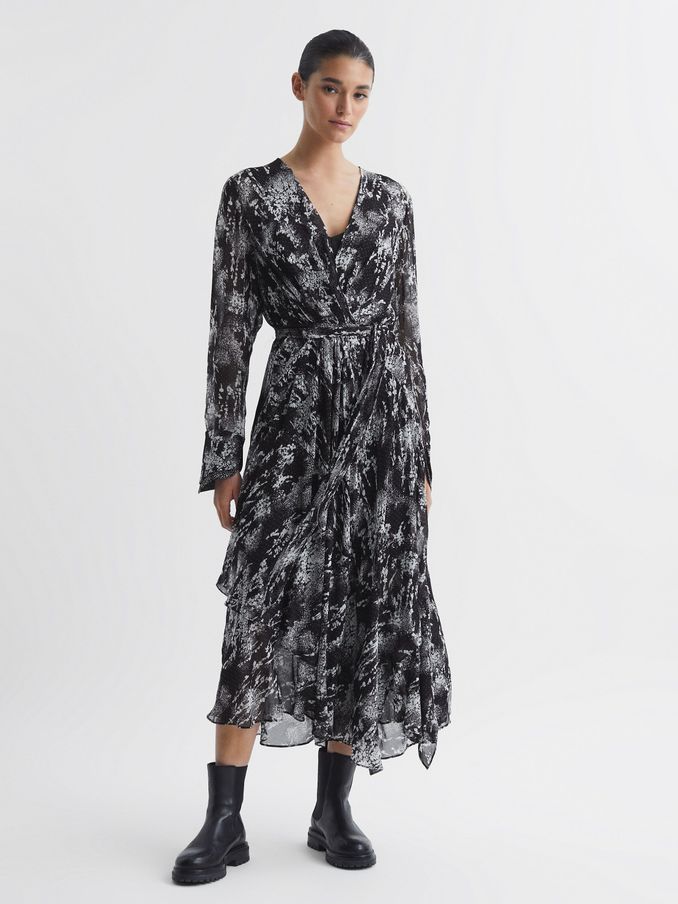 Belted Ruffle Printed Midi Dress in Black (192214) | US$132