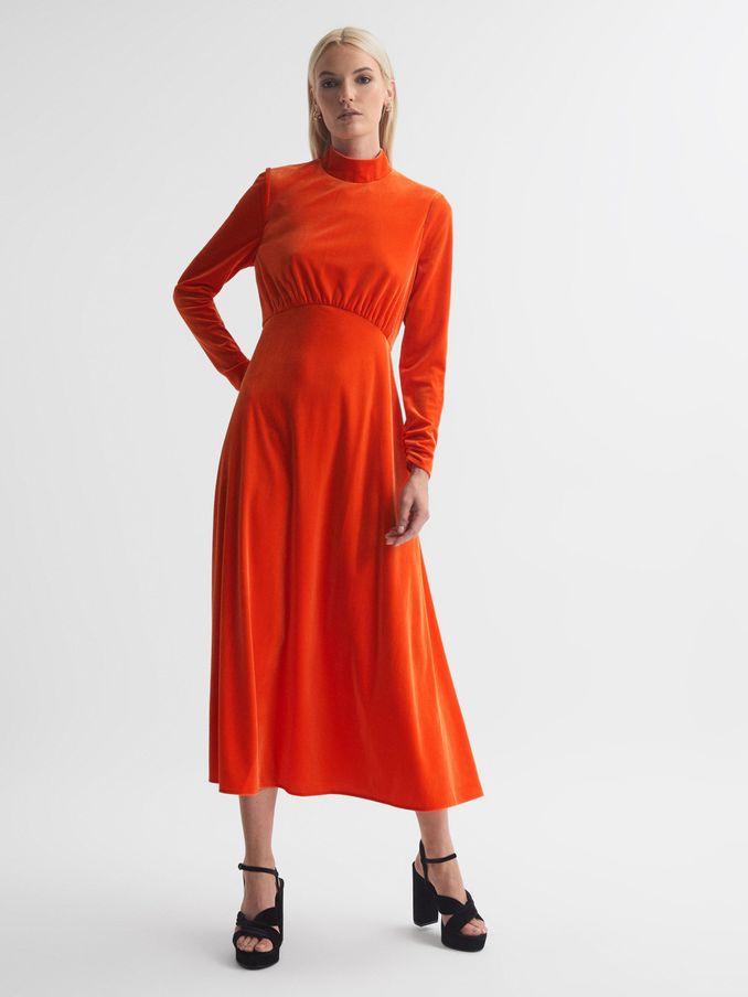 Florere Velvet Midi Dress in Bright Orange (193611) | €72