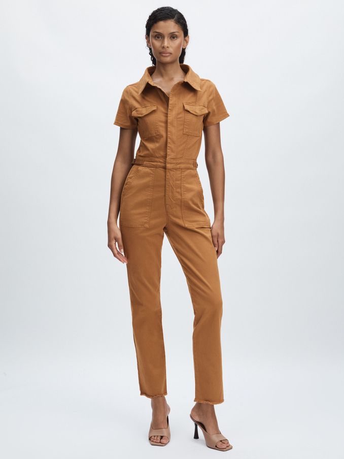 Good American Twill Utility Straight-Leg Jumpsuit in Tan (194486) | US$165
