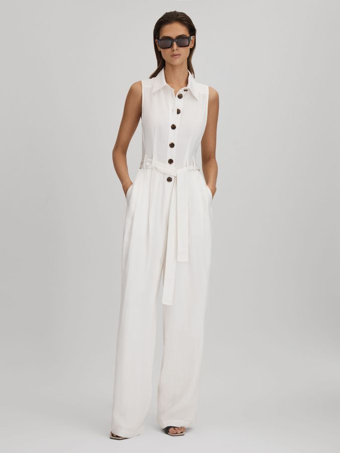 Petite Belted Wide Leg Jumpsuit in White (194926) | US$129