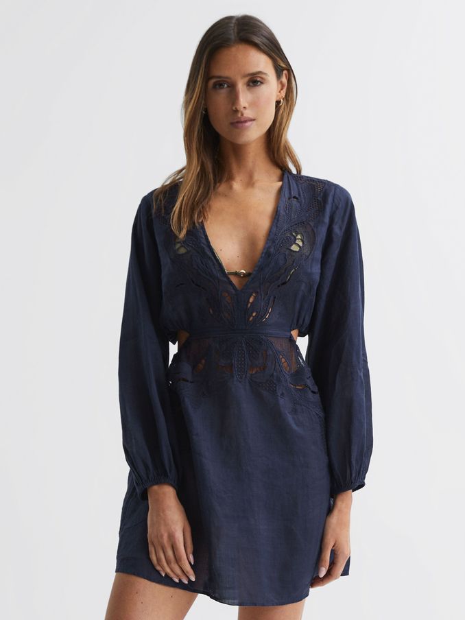 Ramie Plunge Neck Kaftan in Navy (195493) | US$85