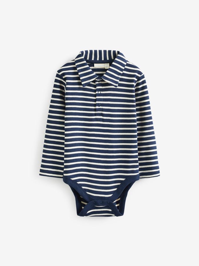 Navy Ecru Breton Stripe Plain Long Sleeve Polo Shirt Bodysuit (213917) | $9