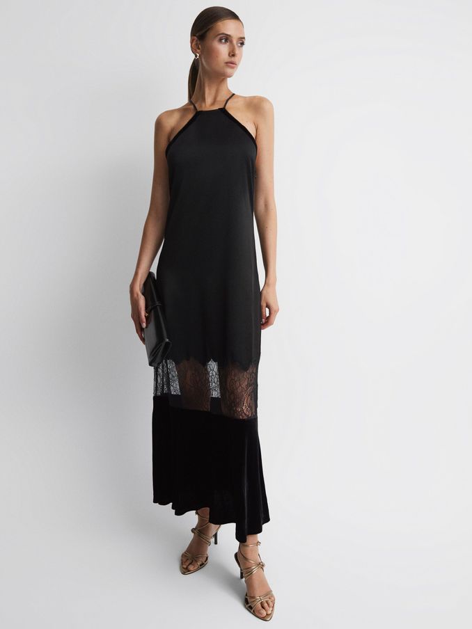 Fitted Satin-Velvet Midi Dress in Black (227668) | US$141