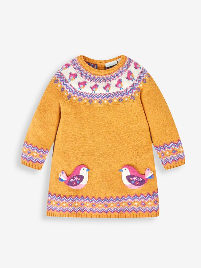 Mustard Yellow Bird Fair Isle Pattern Knitted Dress (233872) | $24