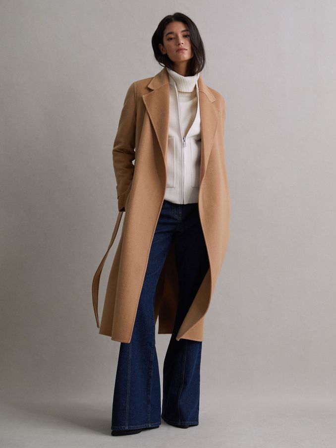 Wool Blend Belted Blindseam Coat in Camel (248626) | US$640
