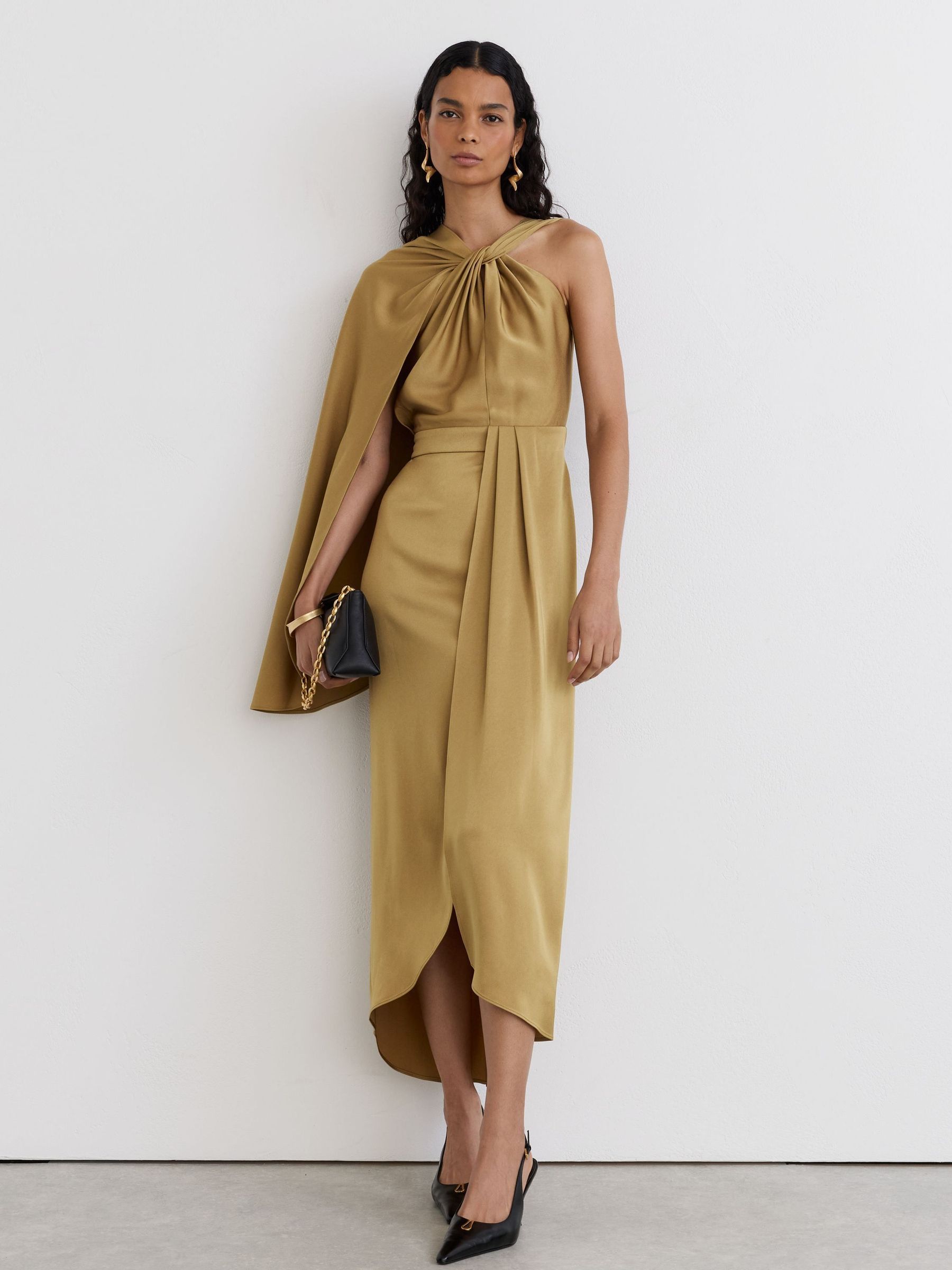 Or - Satin Side-cape Draped Midi Dress