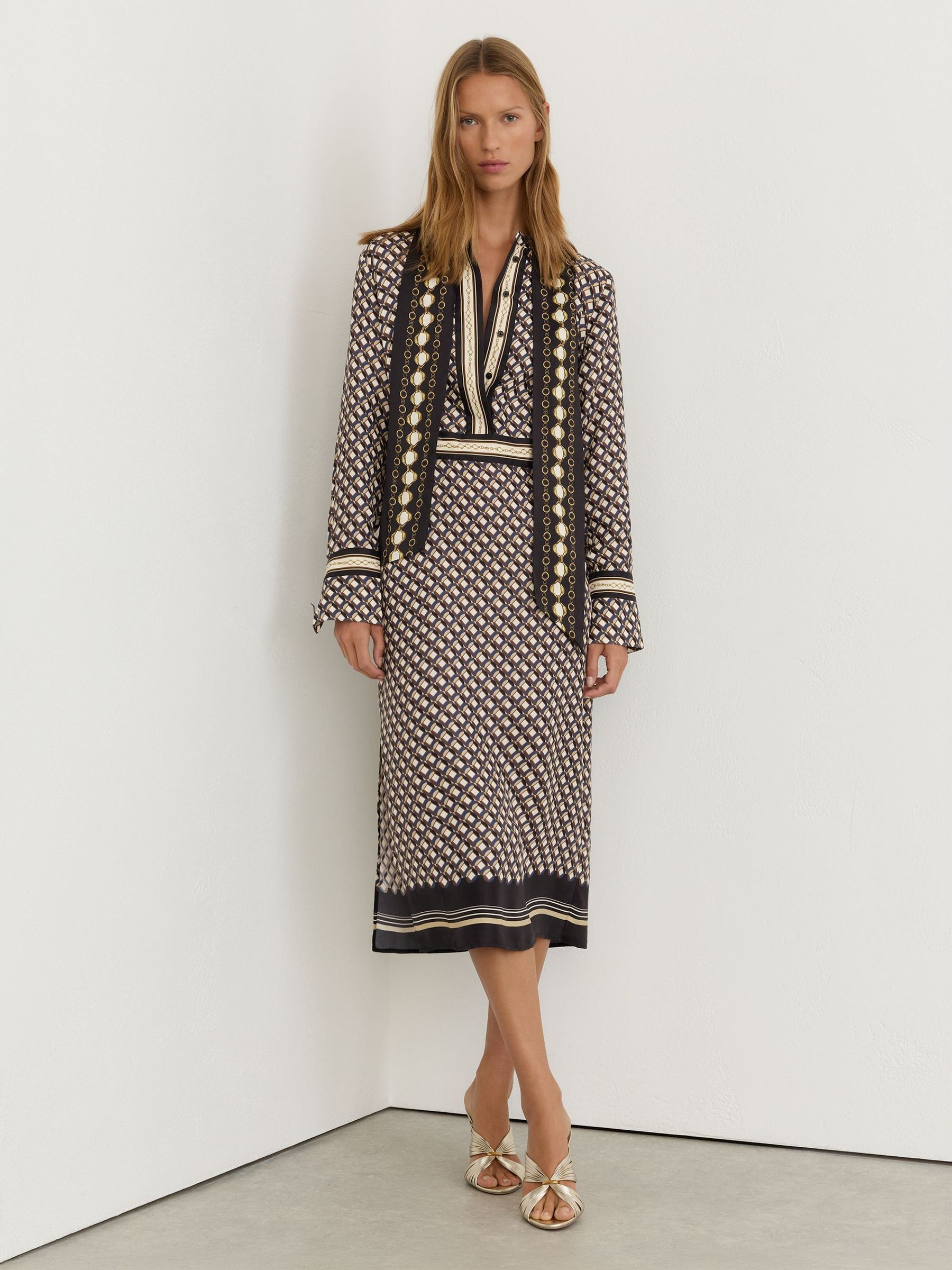 Navy/Gold - Scarf-print Tie-neck Midi Dress