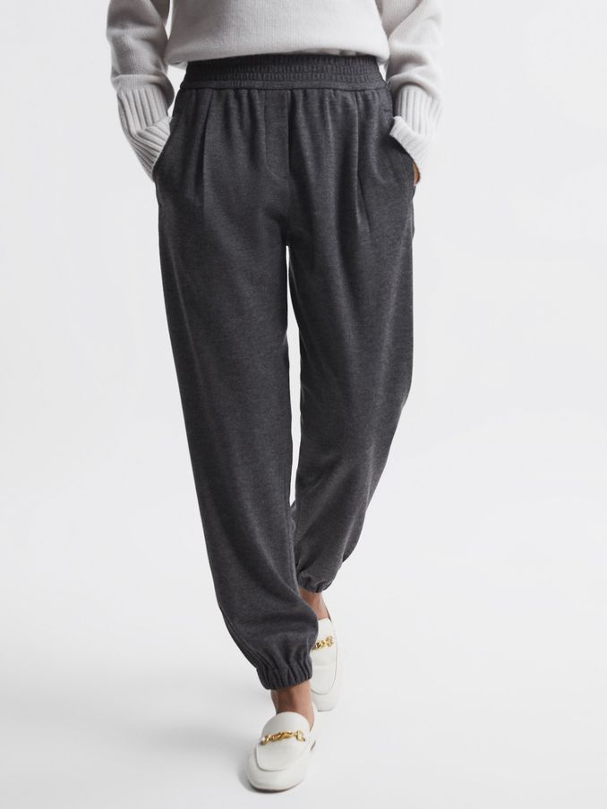 Wool Elasticated Pleat Front Joggers in Charcoal (258142) | US$98