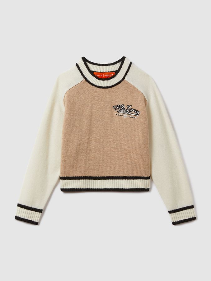 13-14 yrs McLaren F1 Wool Cashmere Cropped Jumper in Camel/Ecru (269109) | 141 QAR
